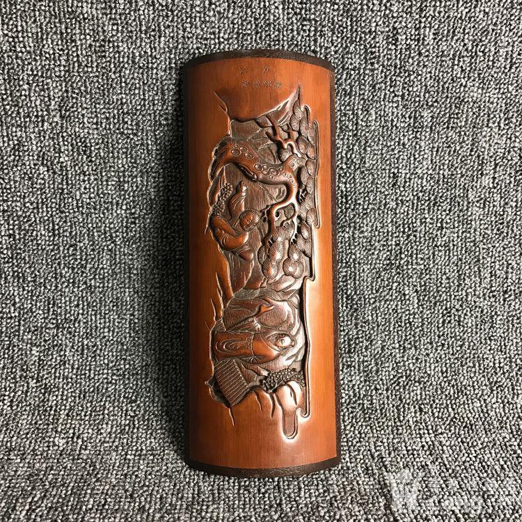 清代老竹雕臂搁携琴访友文父竹雕老臂搁文房四宝老竹雕