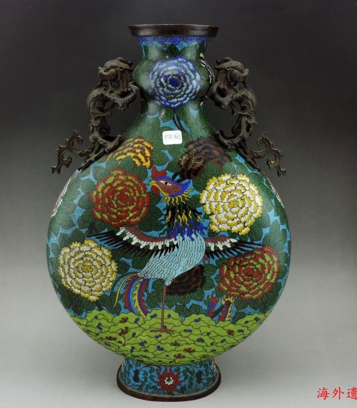 清代 铜胎 掐丝珐琅景泰蓝丹凤螭龙耳抱月瓶47.5cm
