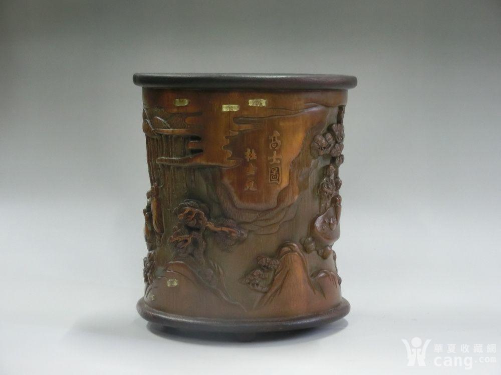 杜士元 高士图传世带老金锔竹雕笔筒