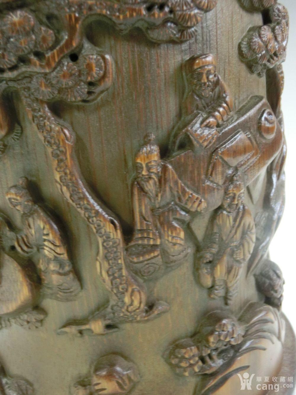 杜士元 高士图传世带老金锔竹雕笔筒