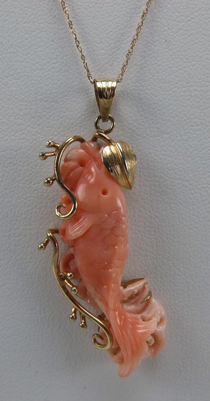 10k金天然珊瑚 吊坠 项链