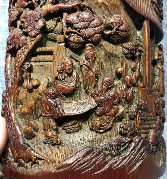 老竹雕笔筒老竹子雕刻清代竹刻名家顾钰款人物笔筒宗玉古董老竹器