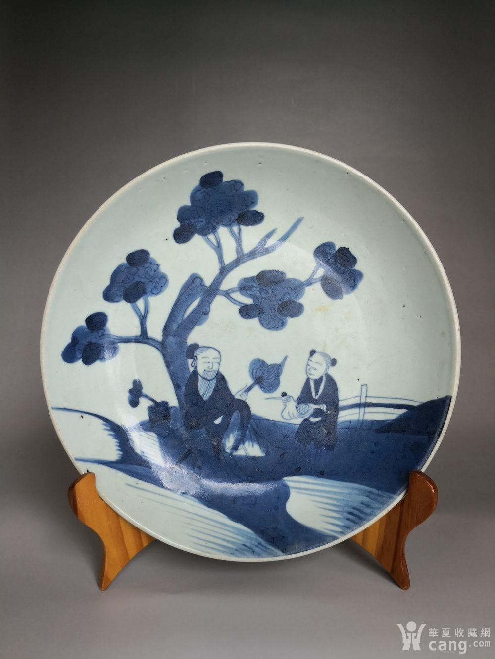 传世古董收藏老货包浆青花瓷器清代青花人物王羲之爱鹅赏盘摆件