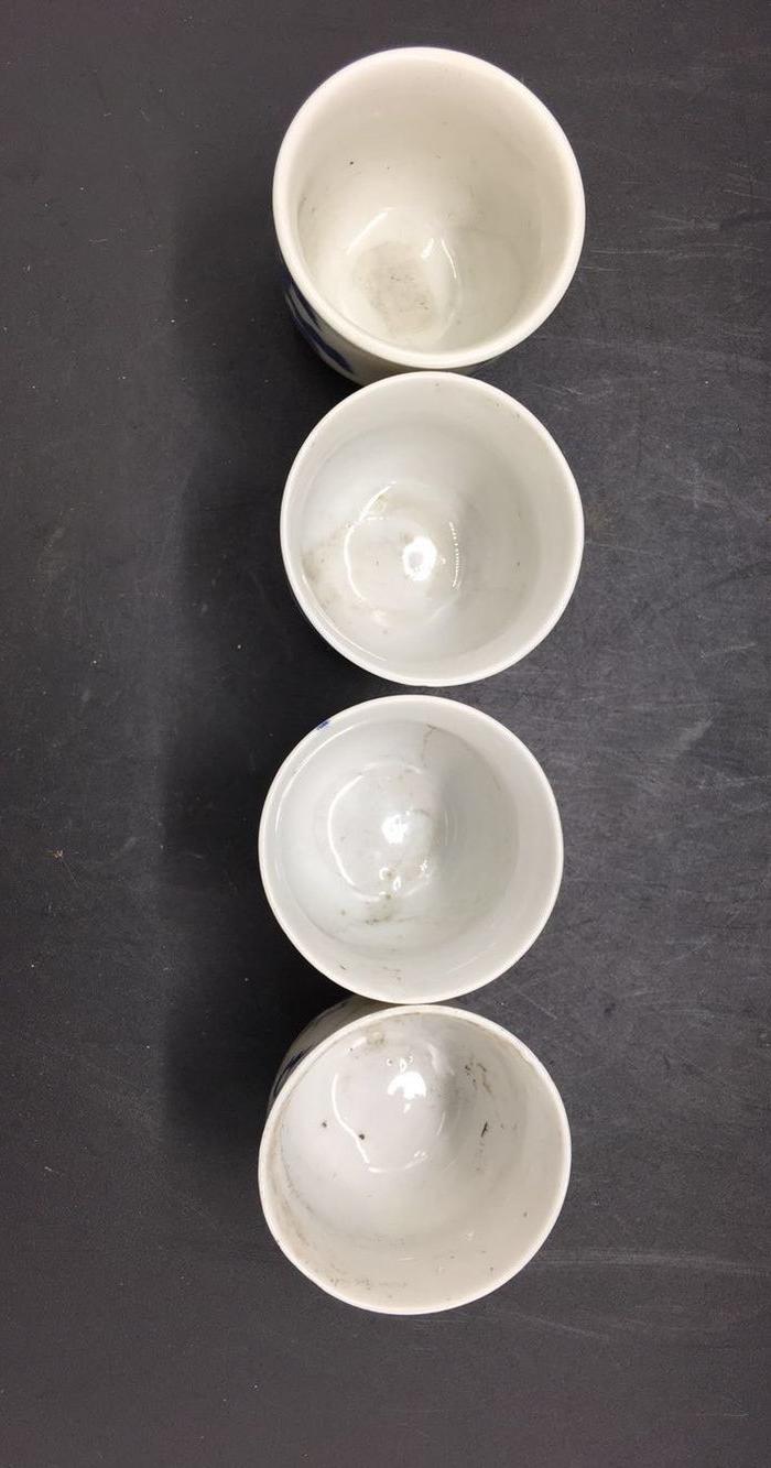 清代青花诗文酒杯4只