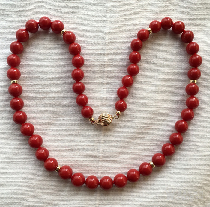 aa级意大利沙丁极深红珊瑚14k金搭扣8mm珠项链