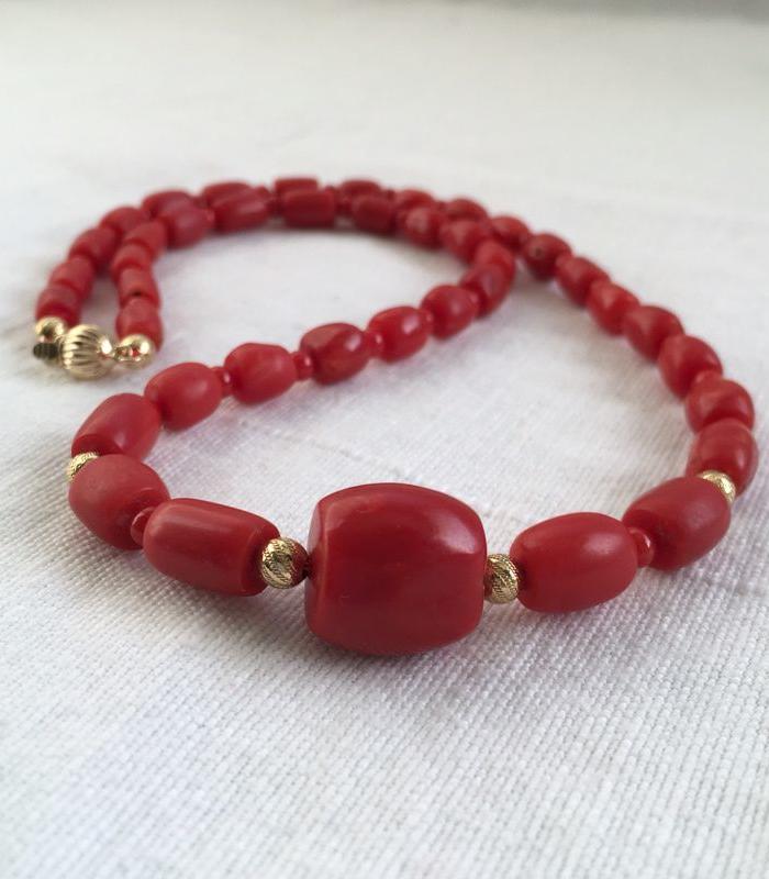 欧洲回流阿卡红珊瑚项链百年老桶珠6 14mm