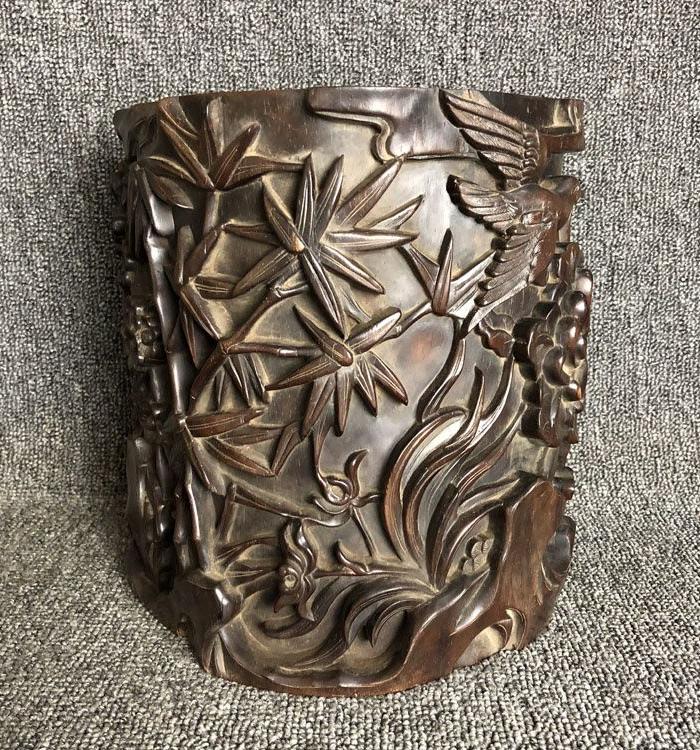 清代传世黄花梨雕刻花鸟高浮雕笔筒文房四宝黄花梨笔筒