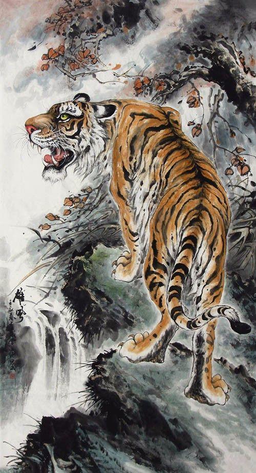 华夏古玩城 字画 当代 > 广西美协陈缘成 183 六尺走兽虎 单虎 横.