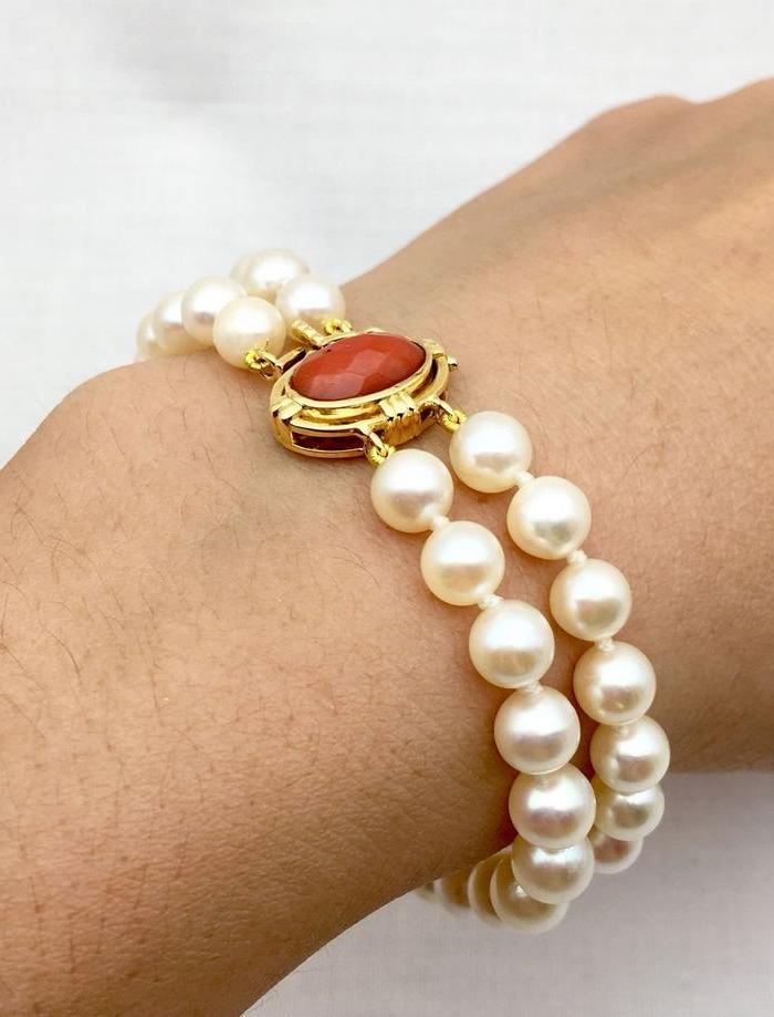 18k金镶嵌刻面珊瑚海水akoya珍珠手链