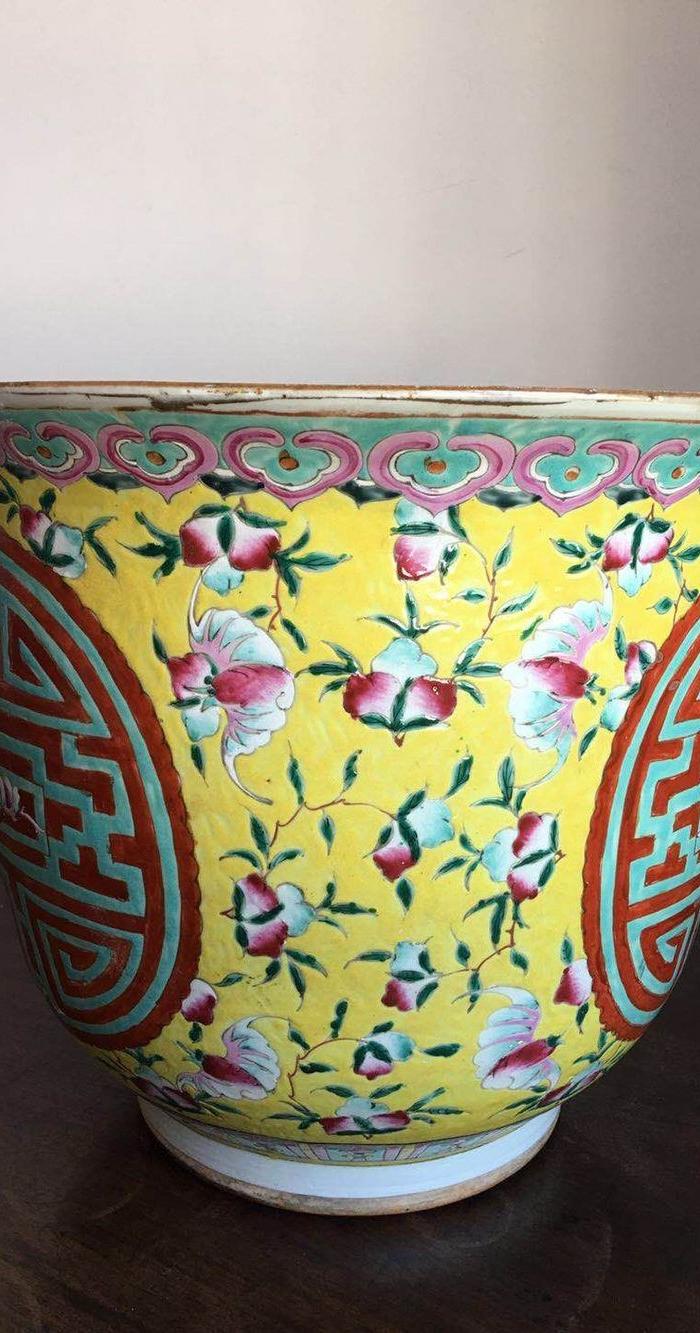 清 光绪 粉彩黄底福寿大花盆