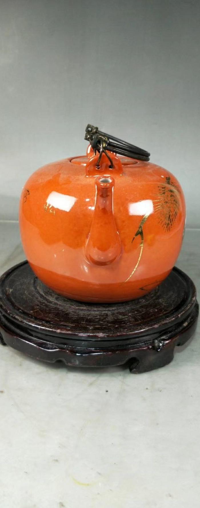 余元昌款矾红描金仙鹤纹水壶 茶壶