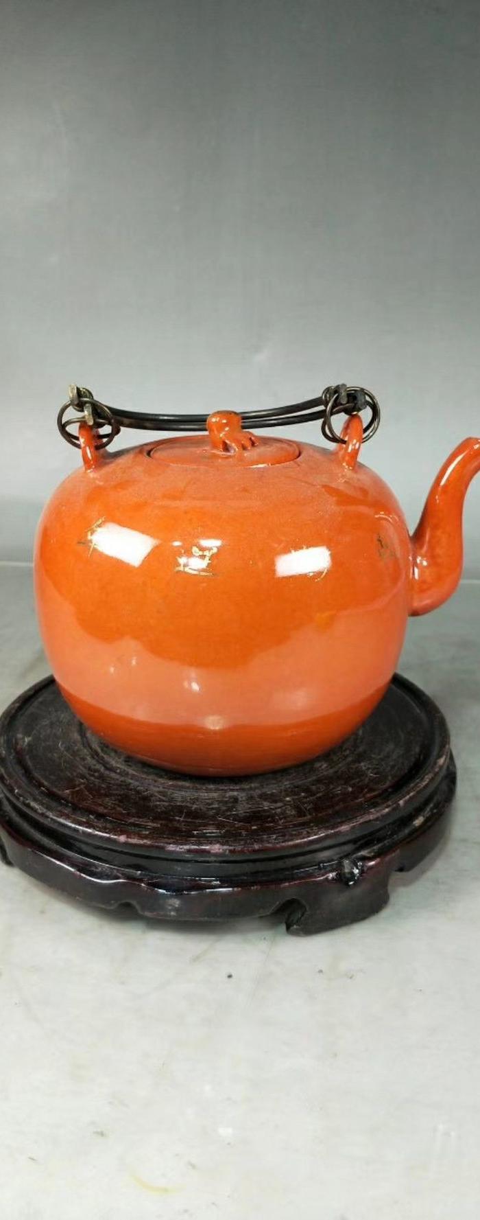 华夏古玩城 瓷器 民国 > 余元昌款矾红描金仙鹤纹水壶 茶壶