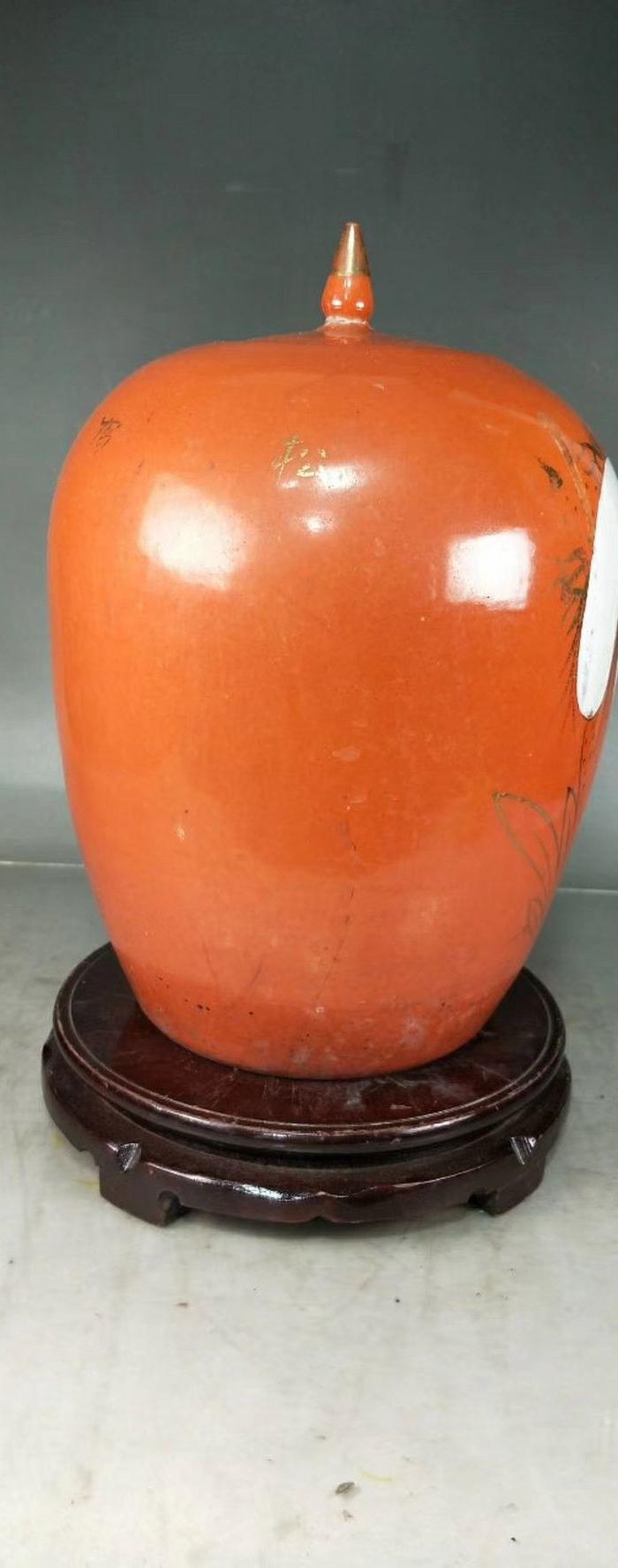 华夏古玩城 瓷器 明清 > 余元昌款矾红描金仙鹤纹冬瓜罐