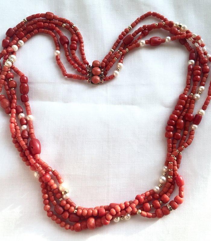 4层阿卡沙丁红珊瑚珍珠项链14k金搭扣多层项链长款