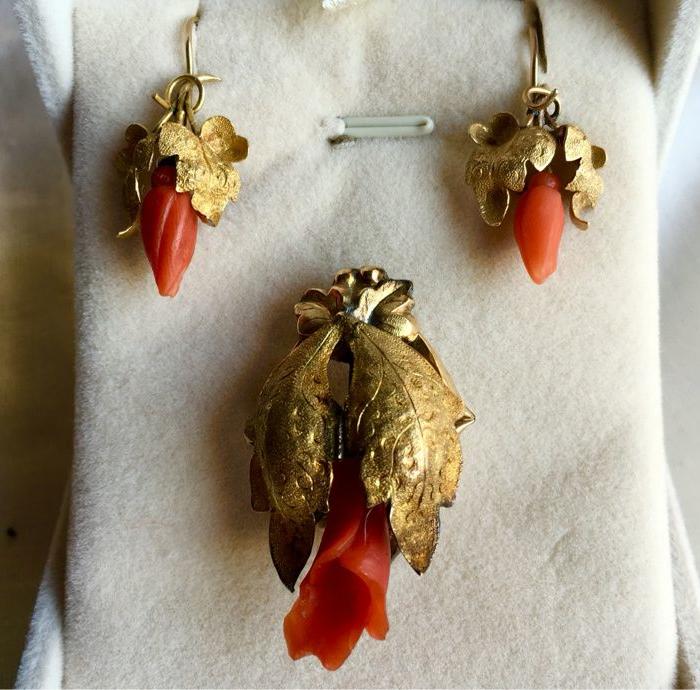 朝颜花造型18k金珊瑚胸针吊坠耳环套装伊特鲁里亚工艺