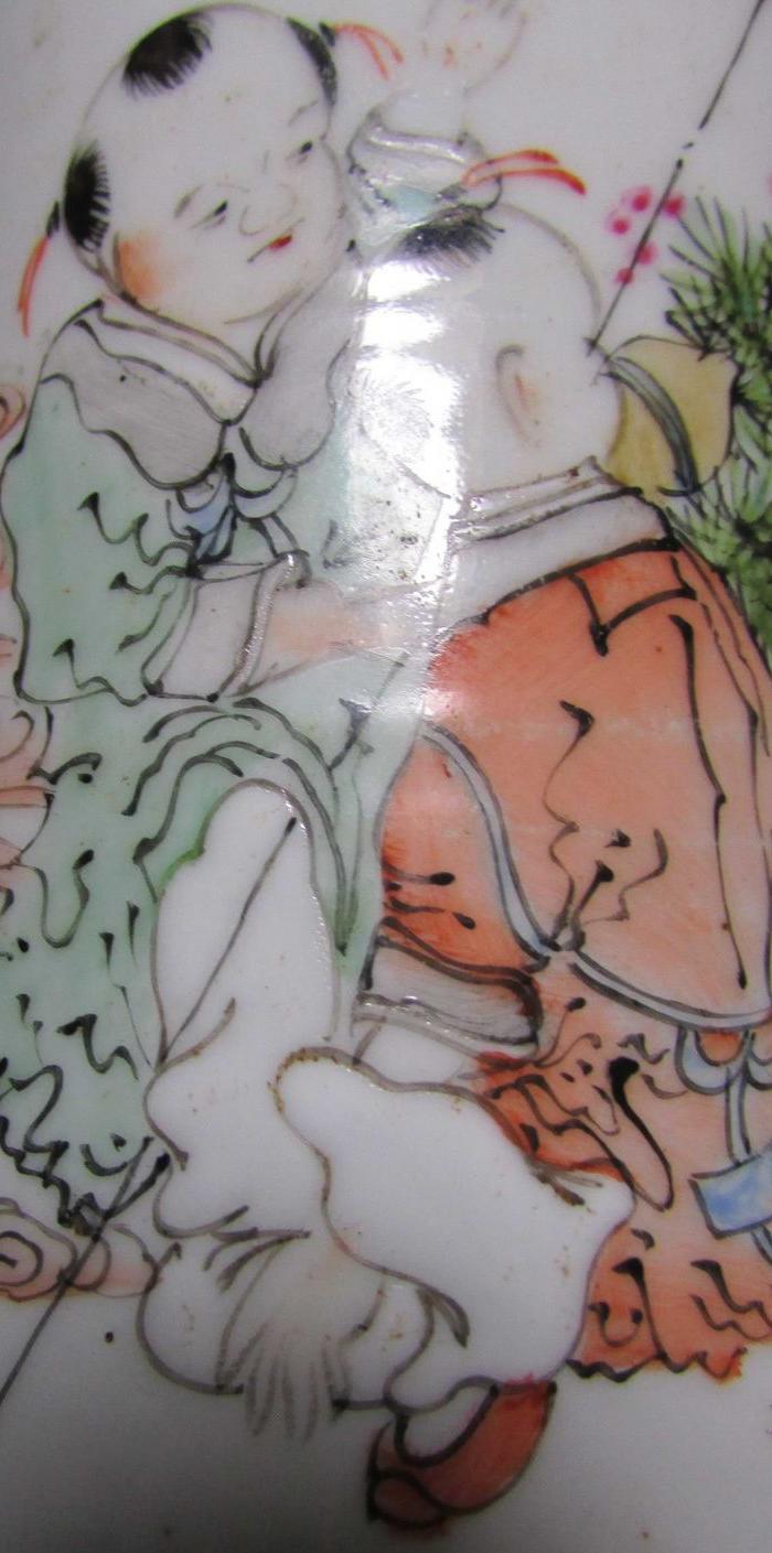 马庆云民国三年浅绛彩人物故事笔筒