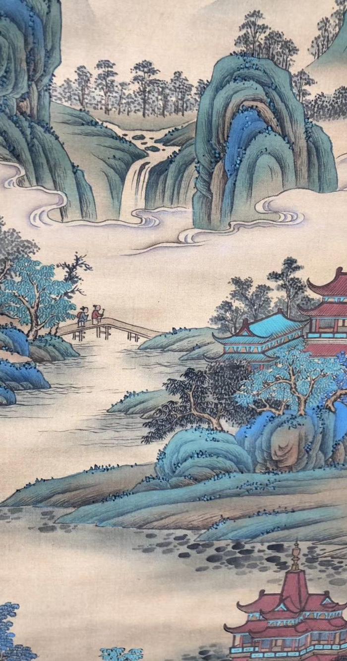 文征明 绢本阁楼山水画