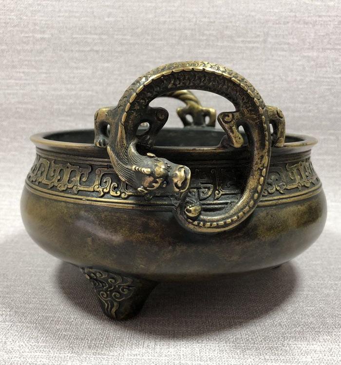 清代传世双龙耳三足宣德款香炉古玩杂项老香炉铜炉