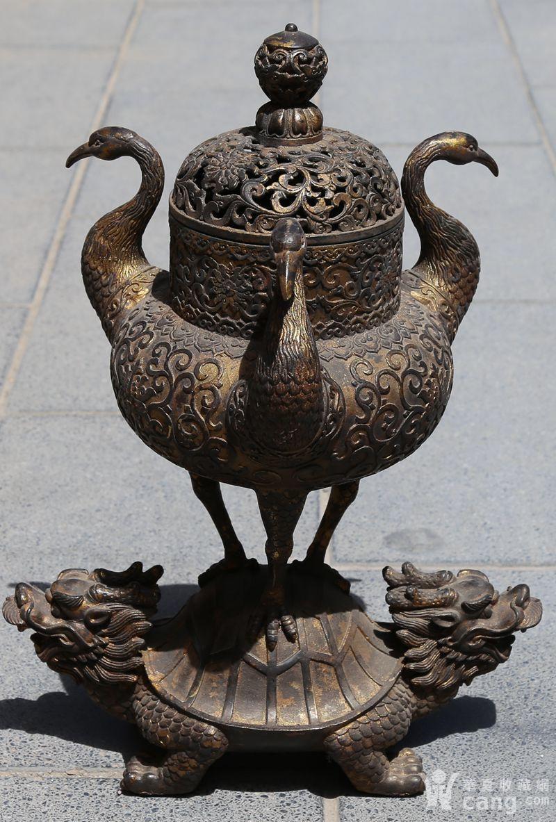 铜器 铜鎏金仙鹤瞪龟熏炉一对 特价包邮