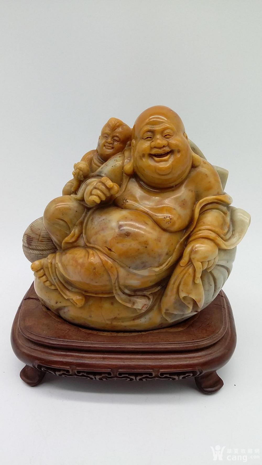 80年代出口创汇时期寿山石雕 童子戏弥勒 摆件 带盒带底座