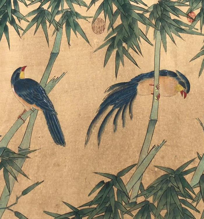 马远 手绘花鸟图案小长卷,画工精美绝伦,原装裱,全品相