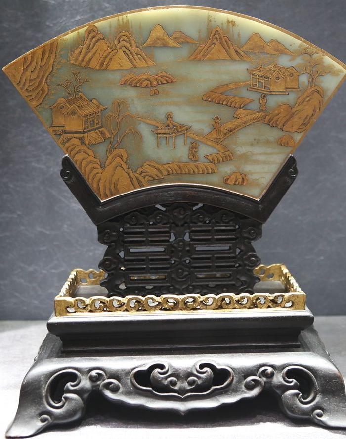 和田青玉镶百宝扇形小插屏 紫檀底座 特价包邮