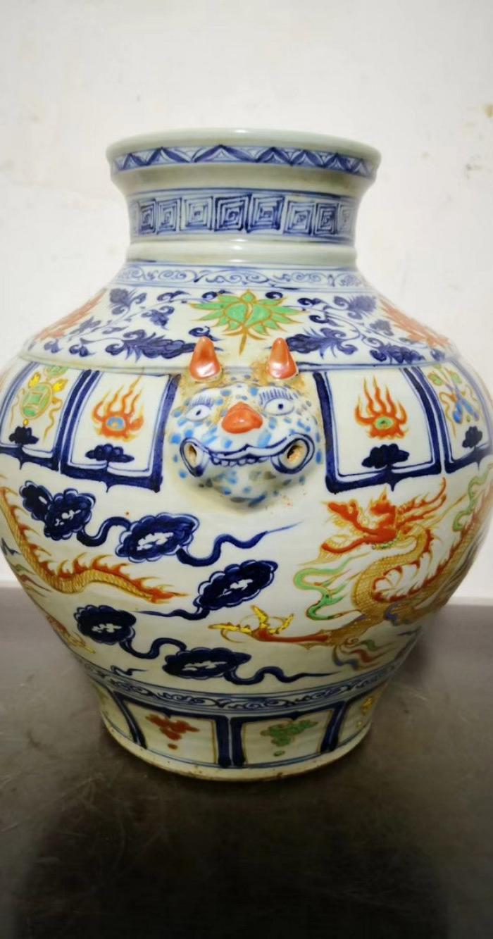 元代五彩兽头罐 高34cm 宽32cm_华夏古玩城_华夏收藏网