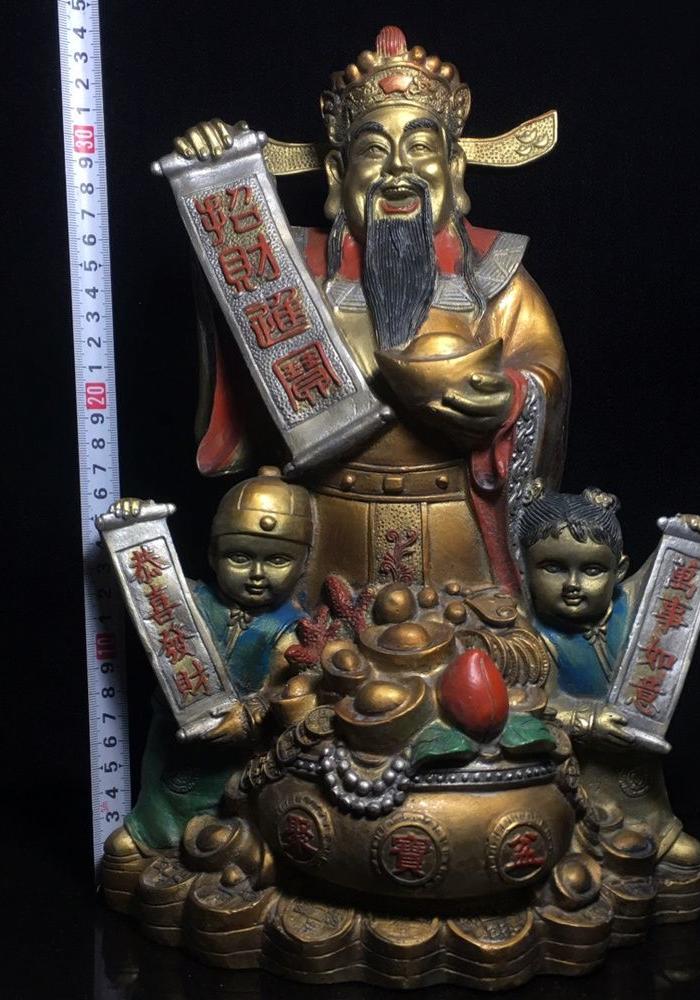 开光纯铜彩绘金童玉女招财进宝财神爷家居摆件