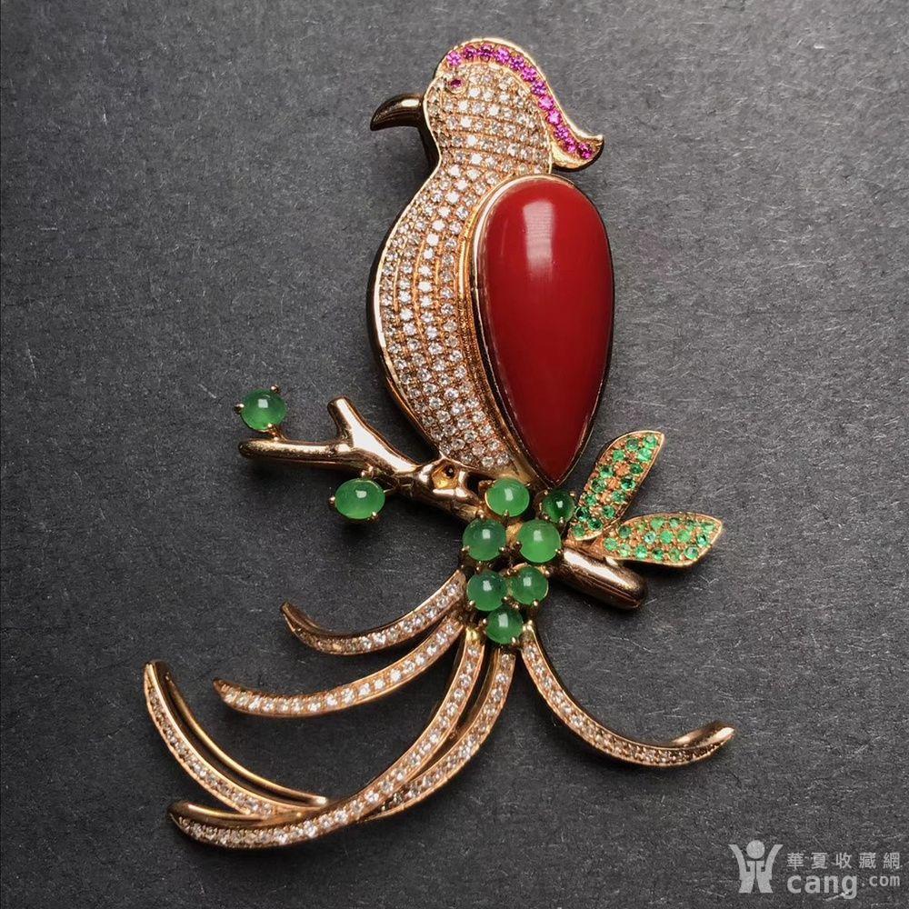 18k金镶钻阿卡牛血红珊瑚吉祥鸟