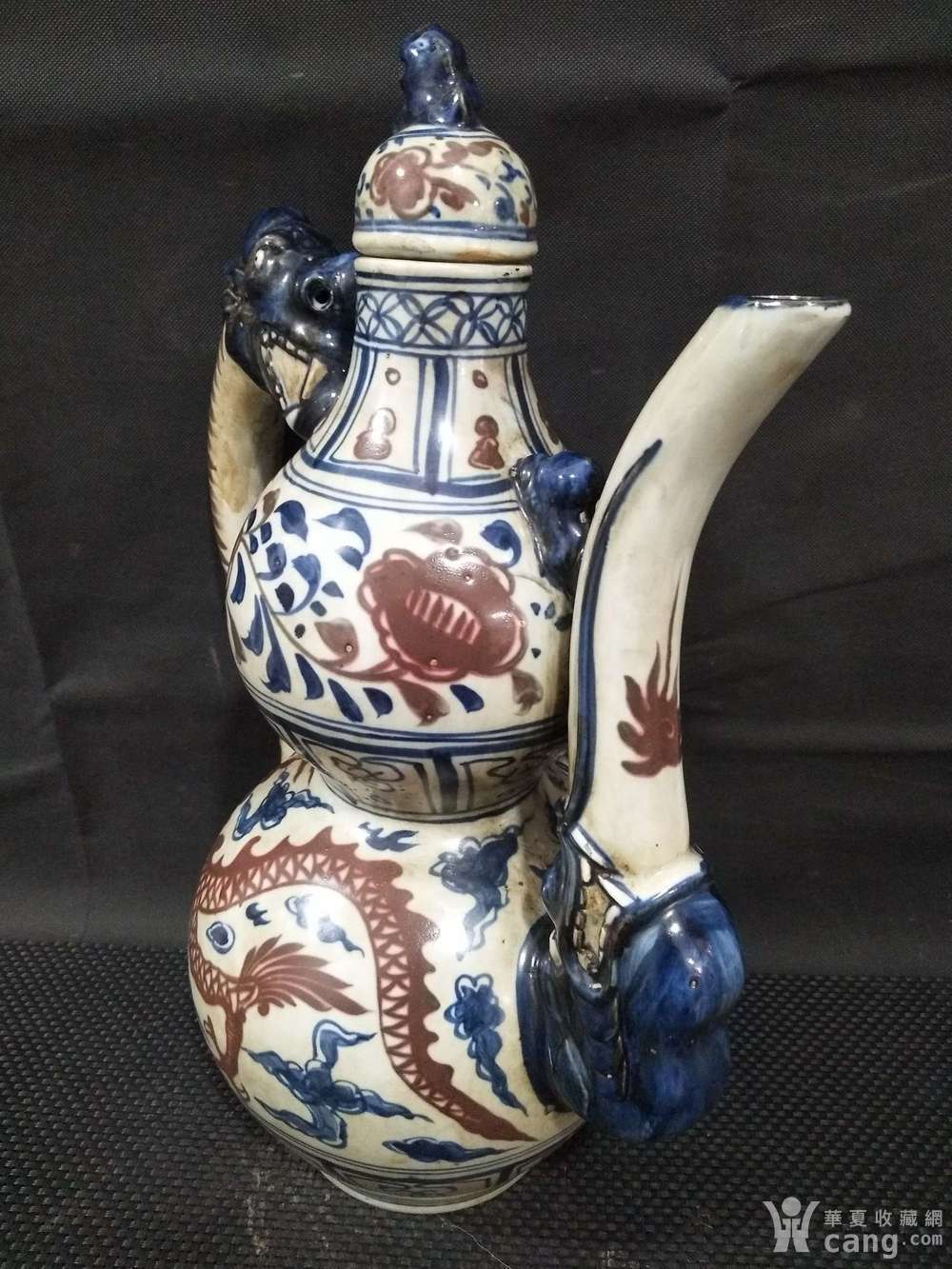 大元国至正八年,手绘青花釉里红龙葫芦壶