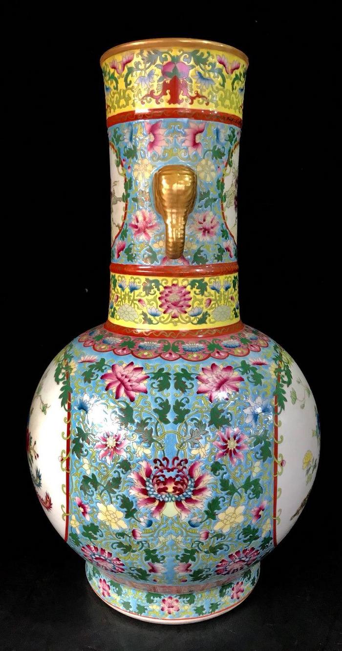 本金珐琅彩开光花鸟纹x耳瓶