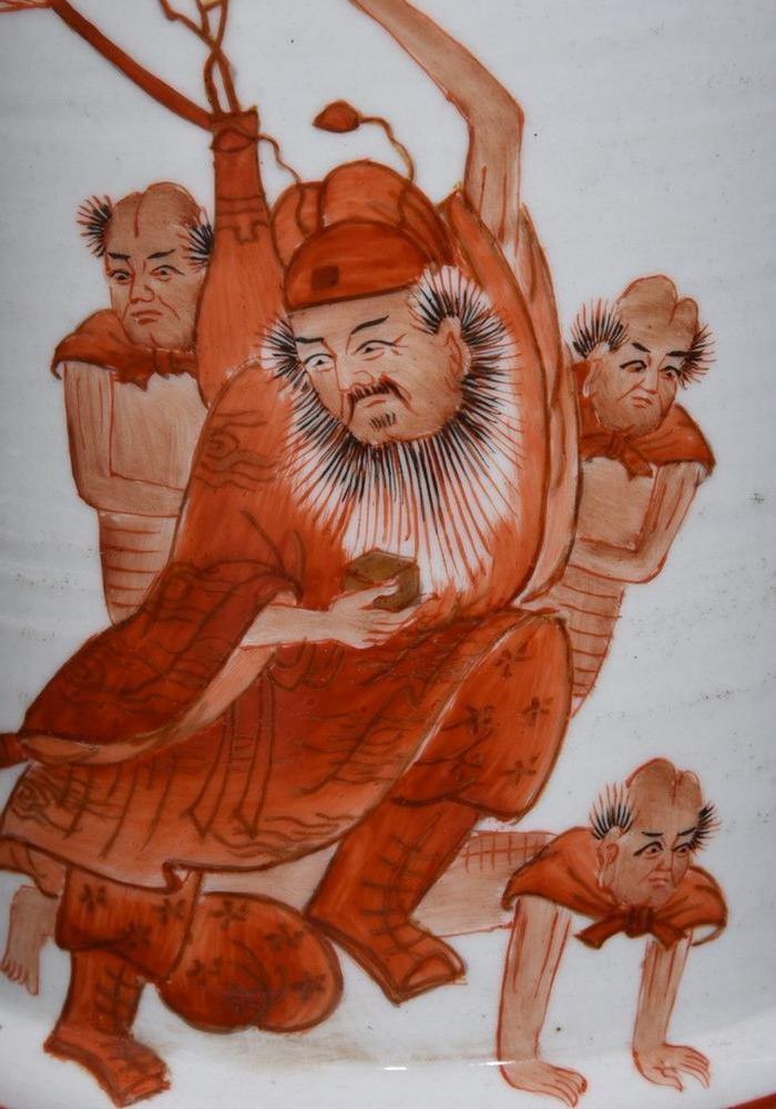 清矾红钟馗捉鬼纹笔筒 18.5x16.