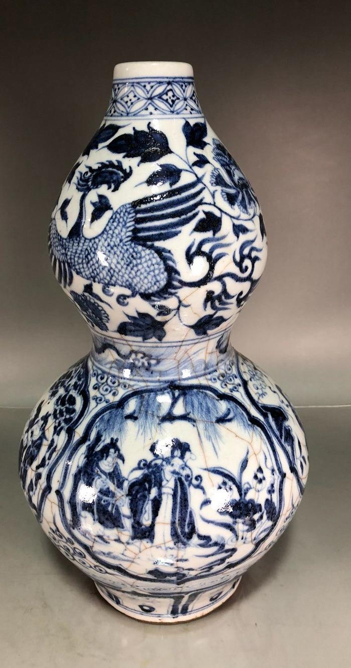 元代青花开片四爱图葫芦瓶