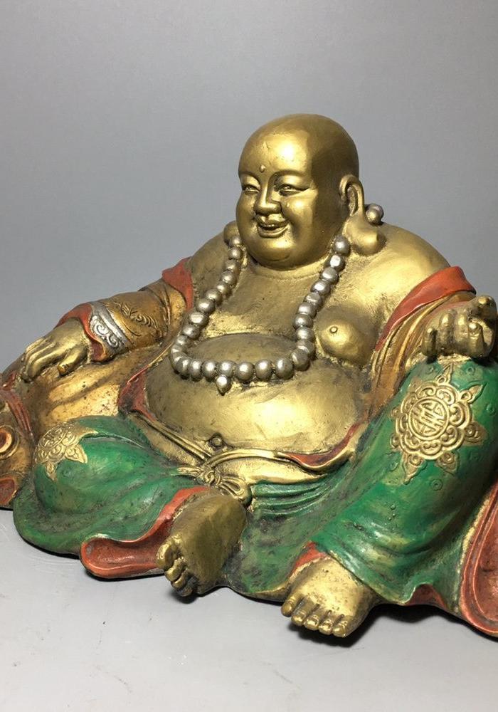 华夏古玩城 铜器 其它 > 纯铜彩绘弥勒佛像大肚笑佛