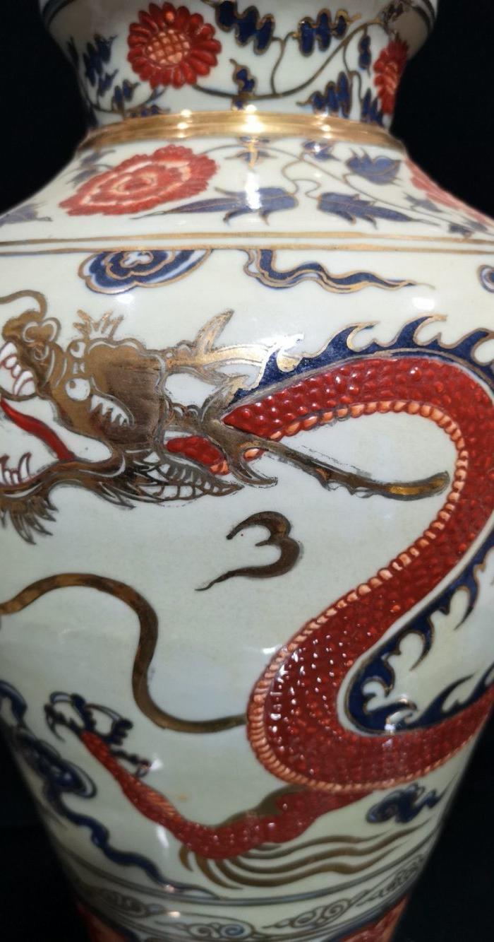 元代青花加矾红描金龙纹大口梅瓶