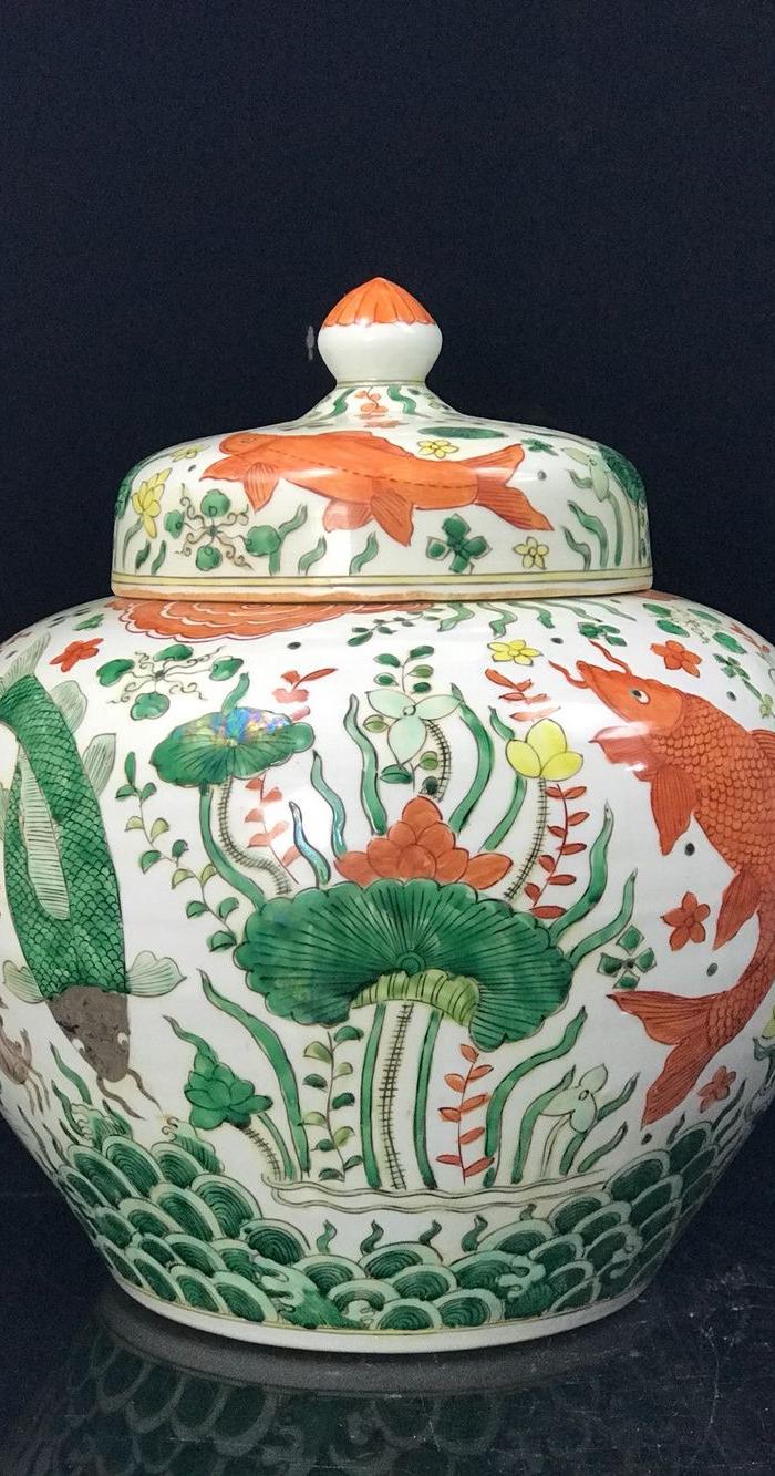 明万历五彩鱼藻纹盖罐