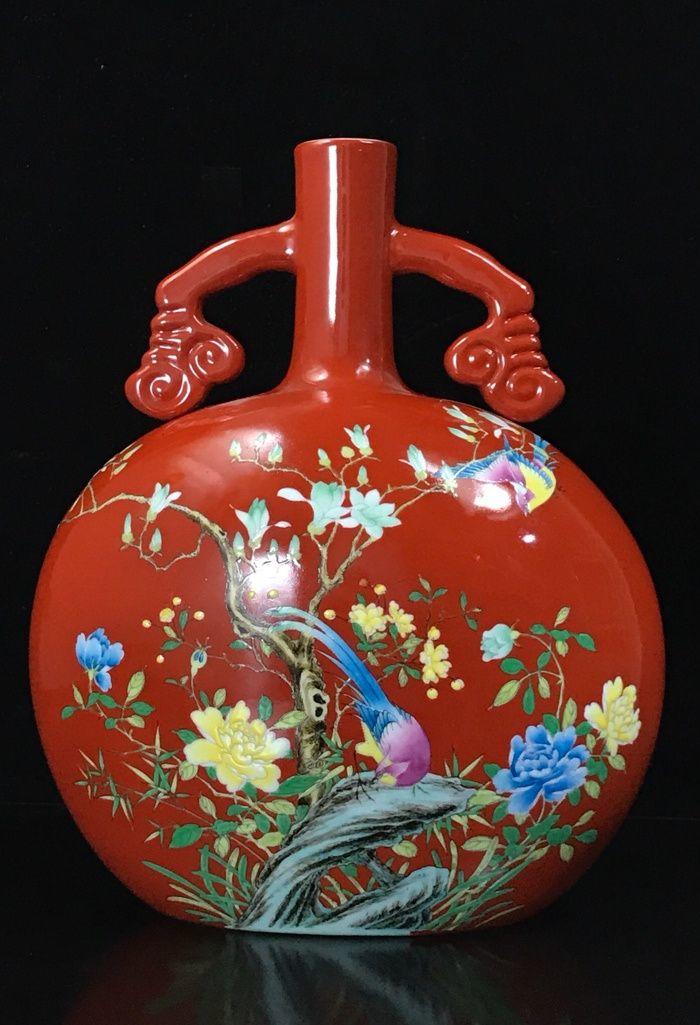 清雍正辣椒红珐琅彩花鸟扁瓶一对29x25