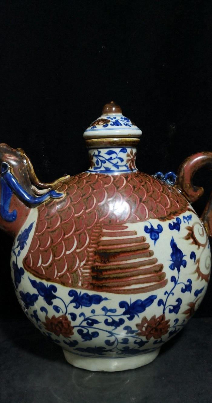 元 青花釉里红鸡首壶