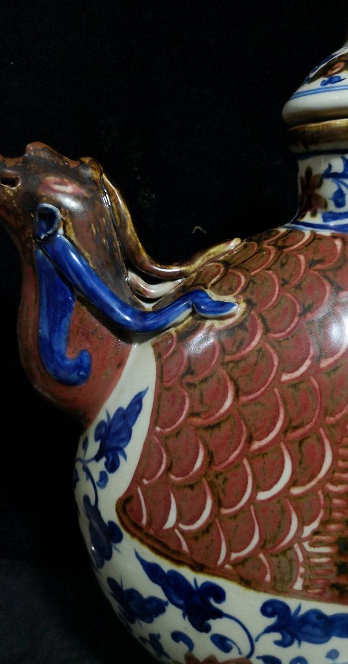 元 青花釉里红鸡首壶