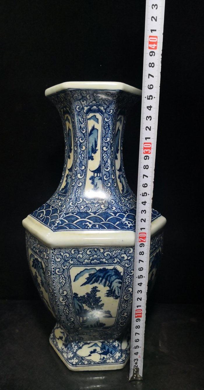 清 青花六方开窗山水花瓶_华夏古玩城_华夏收藏网