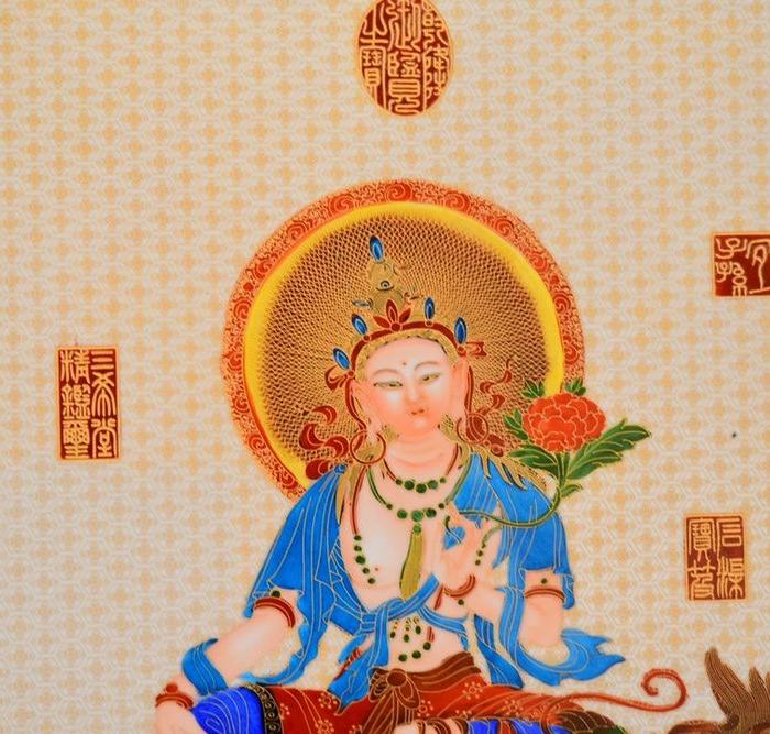 臣丁观鹏恭绘 粉彩掐金丝文殊菩萨挂屏