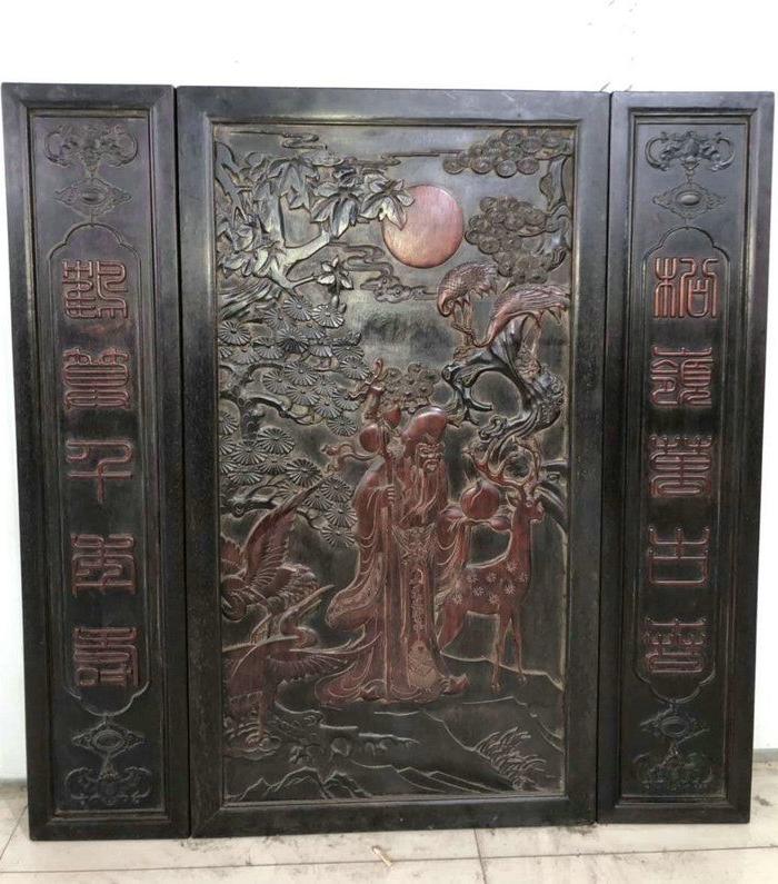满金星紫檀刻福禄长寿纹对联三条中堂屏风125 128 4