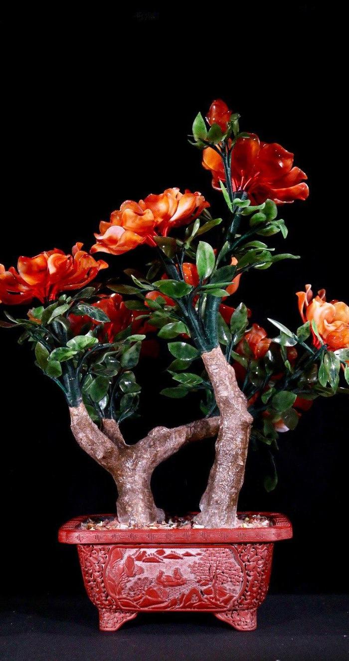 旧藏雕漆 牡丹花 183 盆景 一对