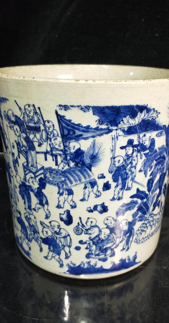 明青花百子图笔筒