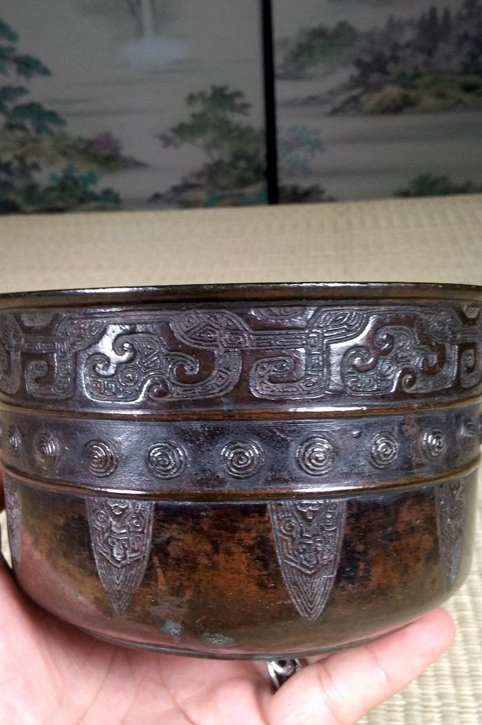 671 日本茶道具建水 卷云饕餮纹老*壳铜建水