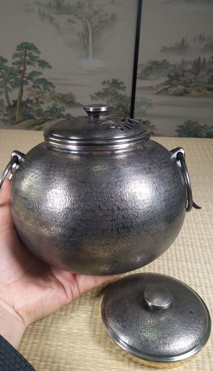 696 日本茶道具精品茶釜 铜熏银双盖茶釜
