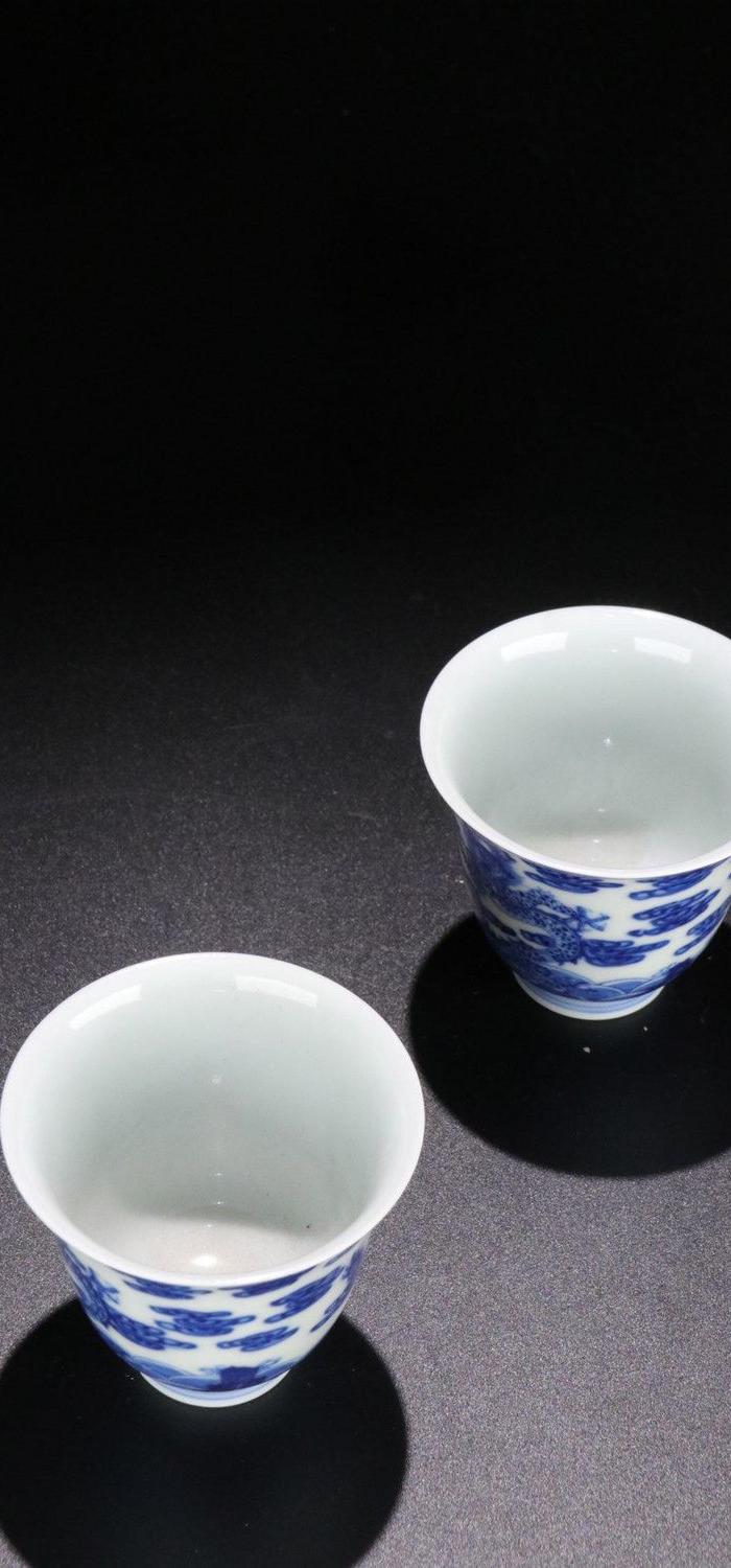 回流: 清 青花瓷 飞天祥龙纹 茶杯一对
