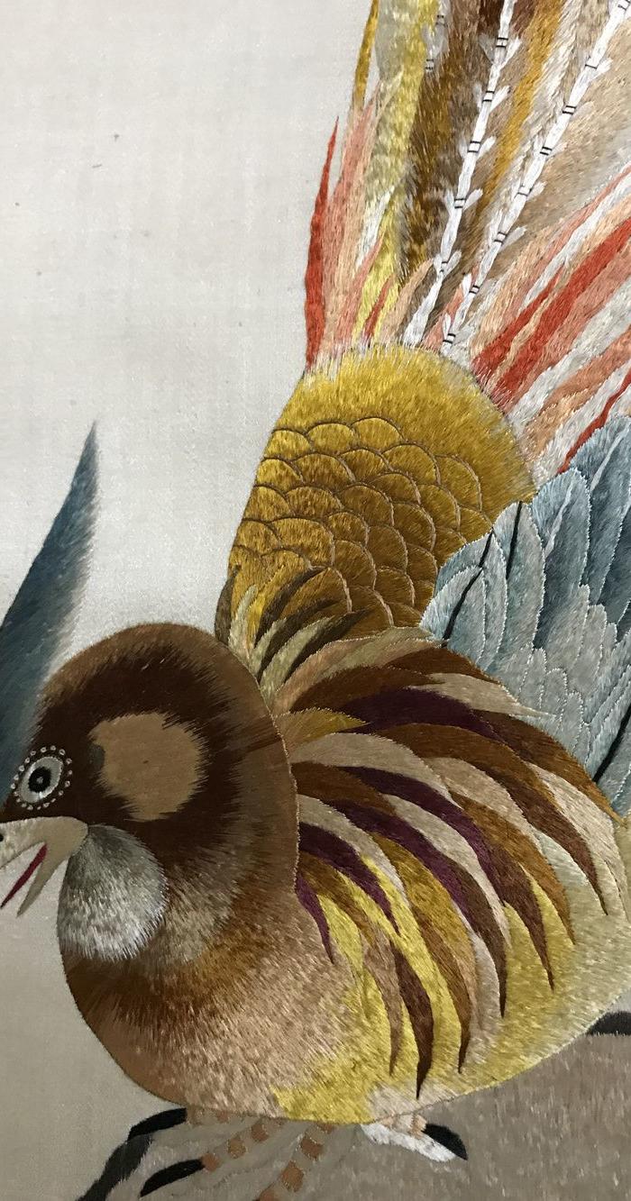 美国回流 清 锦鸡花鸟刺绣一对